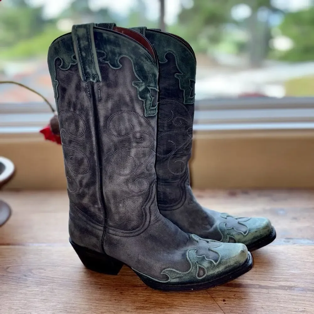 American Rebel Cowboy Boots Womens 6.5 Blue & Grey Leather Western Stitched EUC